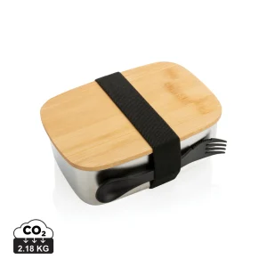 Stainless steel lunchlåda med bambulock och skedgaffel